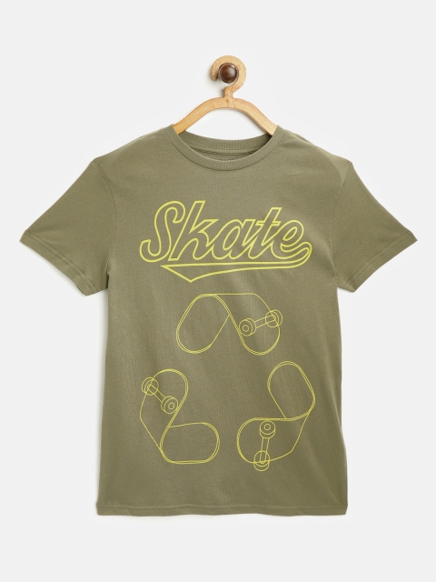 

Marks Spencer Boys Olive Green Yellow Printed Cotton Sustainable Round Neck Pure Cotton T-shirt