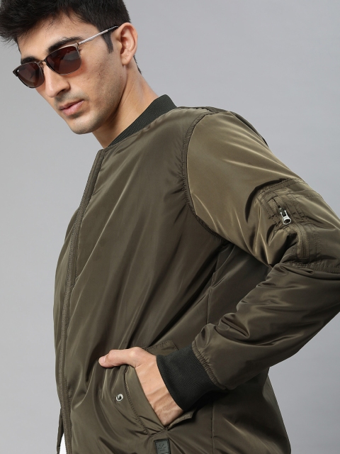 

WROGN Men Olive Green Solid Slim Fit Bomber Jacket