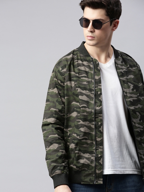 

WROGN Men Olive Green & Grey Slim Fit Camouflage Printed Bomber Jacket