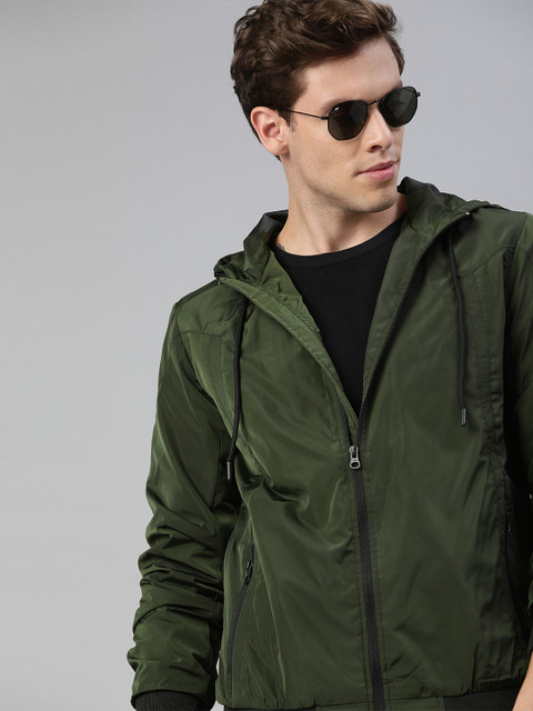 

WROGN Men Olive Green Solid Open Front Hooded Jacket