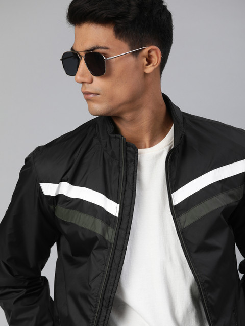 

WROGN Men Black & White Striped Slim Fit Bomber