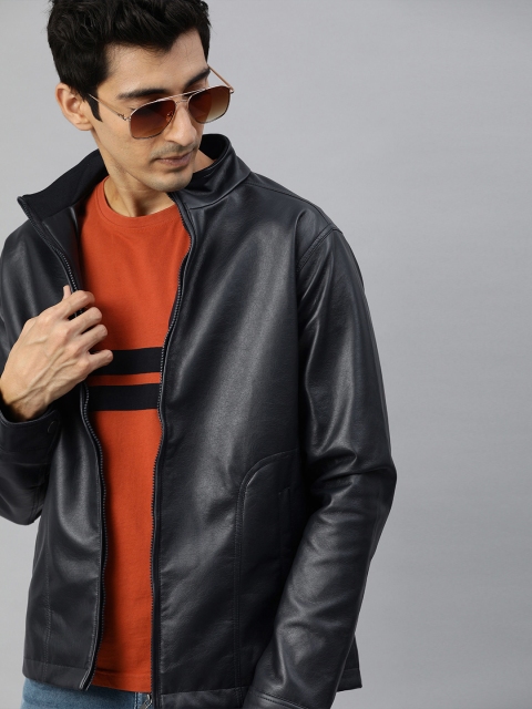 

WROGN Men Navy Blue Solid Biker Jacket