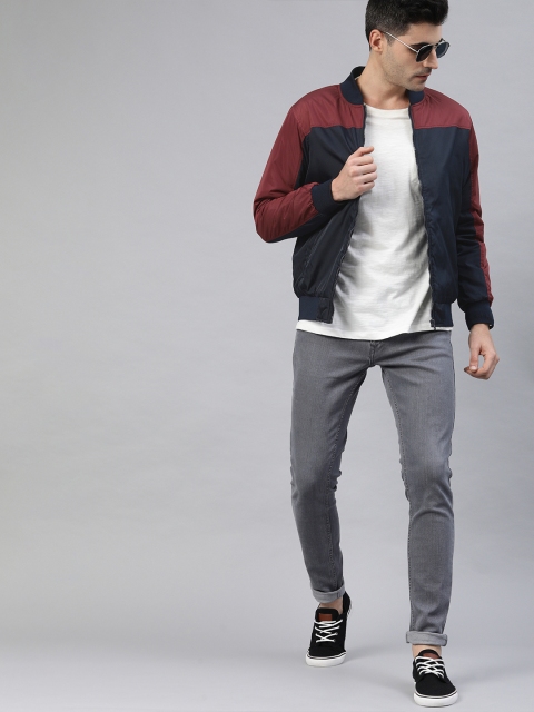 

WROGN Men Navy Blue & Maroon Slim Fit Colourblocked Bomber Jacket