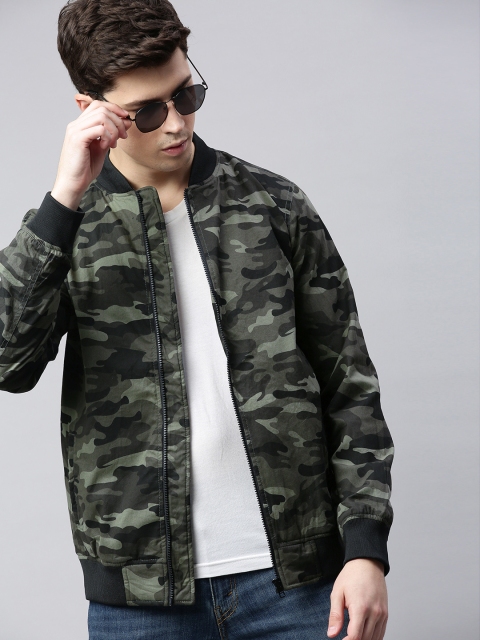 

WROGN Men Grey & Olive Green Slim Fit Camouflage Printed Bomber Jacket