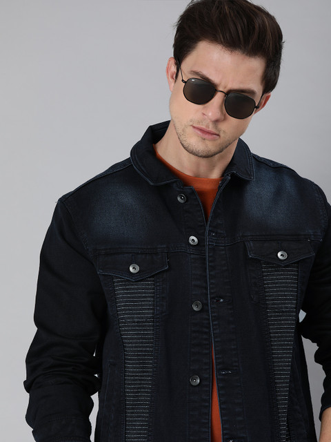 

WROGN Men Navy Blue Striped Denim Jacket