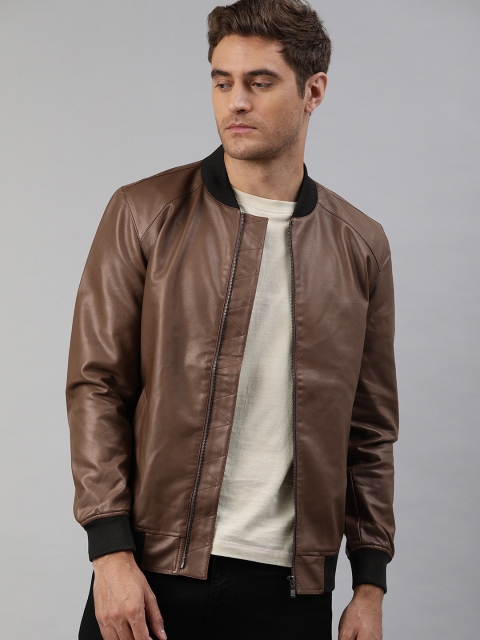 

WROGN Men Brown Slim Fit Solid Bomber Jacket