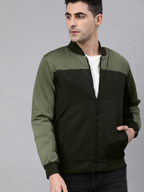 

WROGN Men Black & Olive Green Slim Fit Colourblocked Bomber Jacket