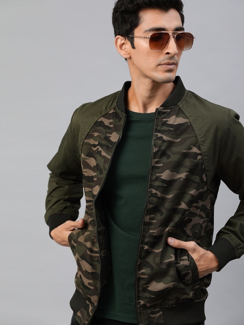 

WROGN Men Olive Green Camouflage Printed Bomber Jacket