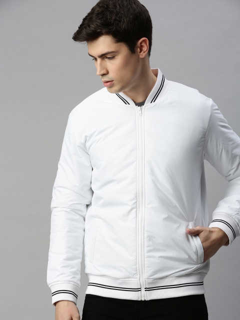 Men White Slim Fit Solid Varsity Jacket