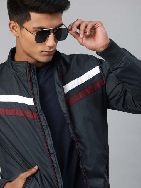 

WROGN Men Navy Blue & White Striped Slim Fit Bomber