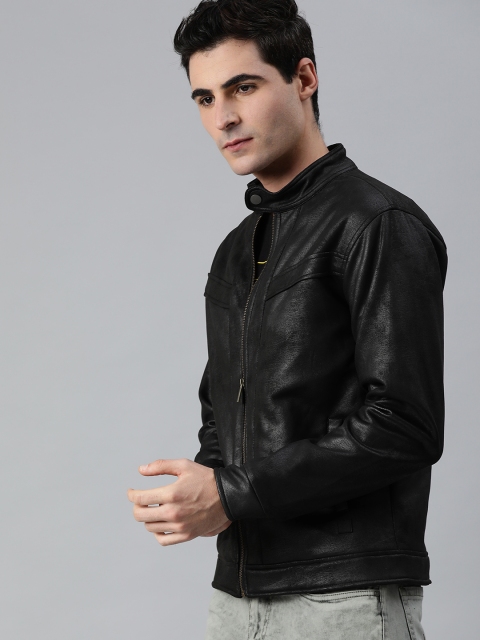 

WROGN Men Black Slim Fit Solid Biker Jacket