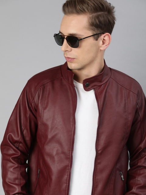 

WROGN Men Burgundy Solid Biker Jacket