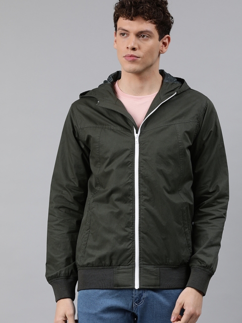 

WROGN Men Olive Green Solid Hooded Bomber Jacket