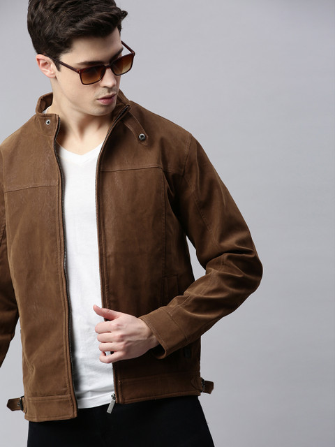 

WROGN Men Brown Slim Fit Solid Biker Jacket