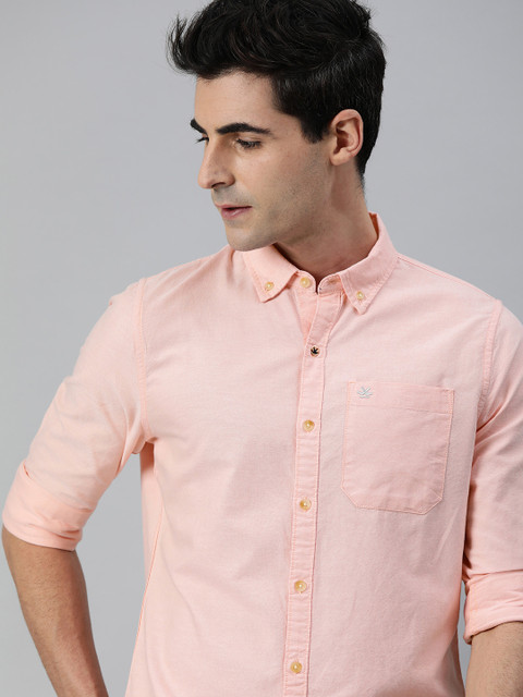 

WROGN Men Peach-Coloured Solid Slim Fit Casual Shirt