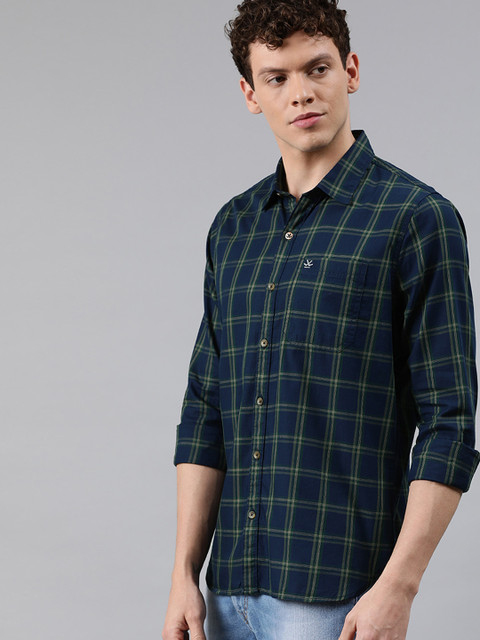 

WROGN Men Navy Blue & Green Slim Fit Checked Casual Shirt