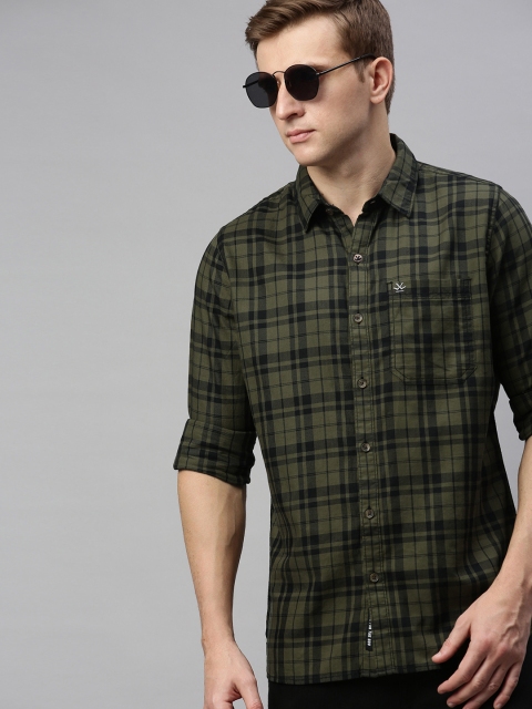 

WROGN Men Olive Green & Black Slim Fit Checked Casual Shirt
