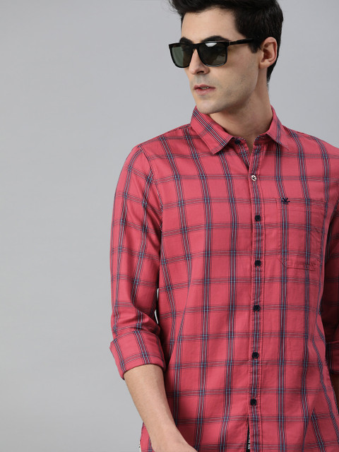 

WROGN Men Rust Red & Navy Blue Slim Fit Checked Casual Shirt
