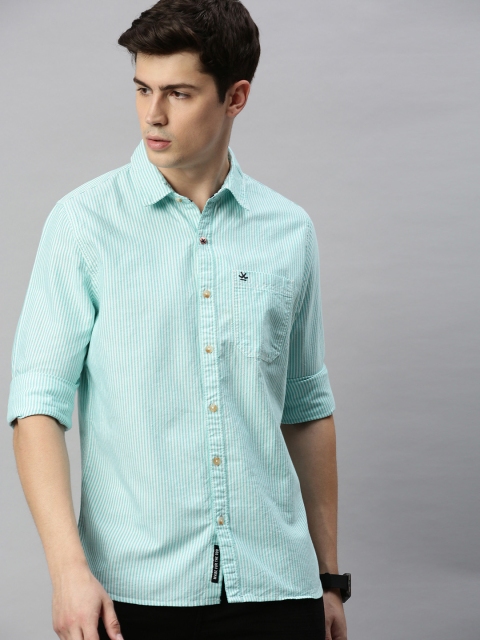 

WROGN Men Sea Green & White Slim Fit Striped Casual Shirt