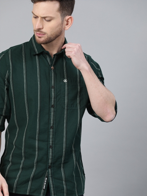 

WROGN Men Green & White Slim Fit Striped Casual Shirt