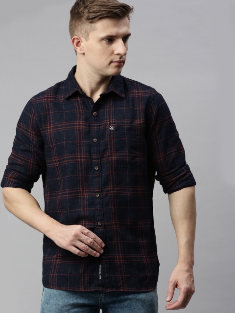 

WROGN Men Navy Blue & Red Slim Fit Checked Casual Shirt