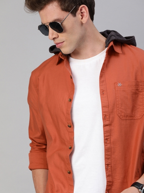 

WROGN Men Rust Orange Slim Fit Solid Hooded Casual Shirt