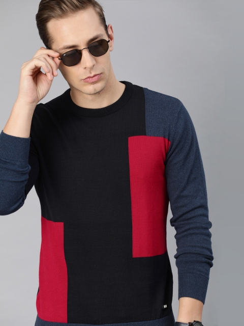 

WROGN Men Navy Blue & Red Slim Fit Colourblocked Pullover Sweater