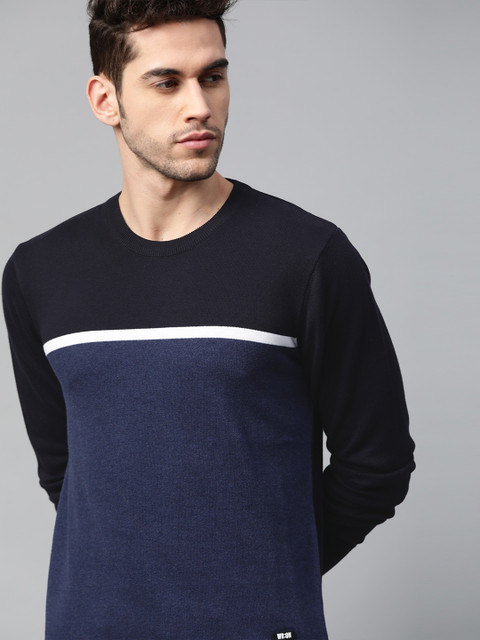 

WROGN Men Blue Colourblocked Pure Cotton Pullover Sweater