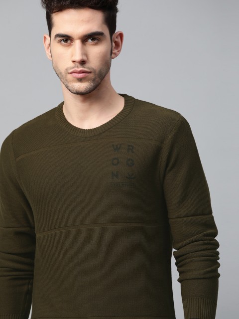 

WROGN Men Olive Green Self-Striped Pure Cotton Pullover Sweater