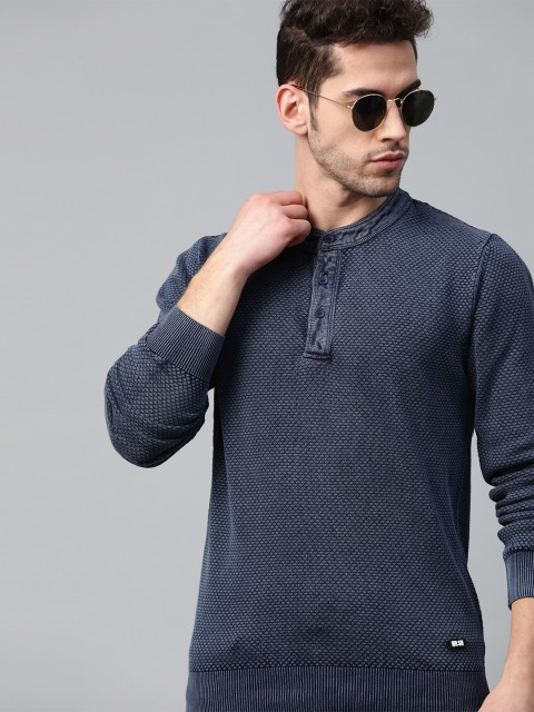 

WROGN Men Navy Blue Self Design Pure Cotton Pullover Sweater