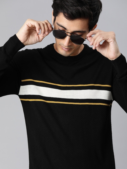 

WROGN Men Black Striped Pullover Sweater