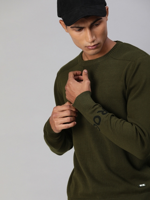 Men Olive Green Solid Pullover Sweater