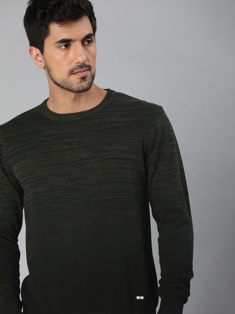 

WROGN Men Olive Green Self Design Pullover Sweater
