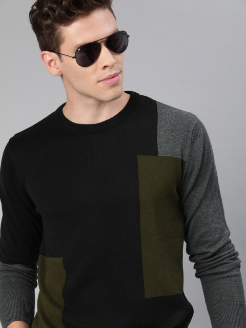 

WROGN Men Black & Olive Green Slim Fit Colourblocked Pullover Sweater