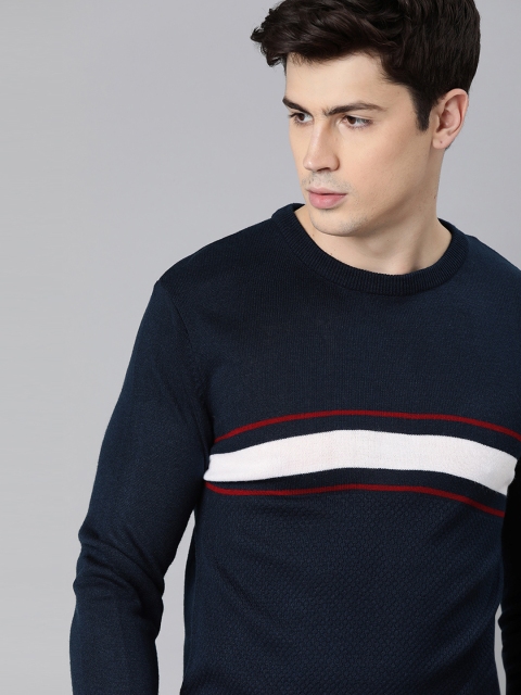 

WROGN Men Navy Blue & White Slim Fit Striped Pullover Sweater