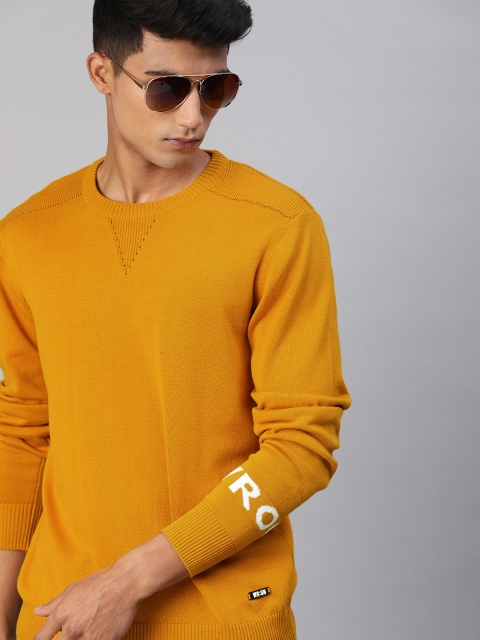 Men Mustard Yellow Solid Pullover Sweater
