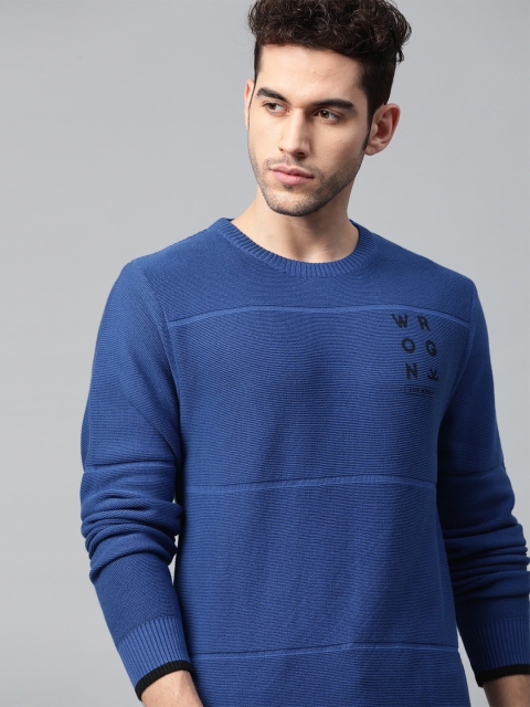 

WROGN Men Blue Self-Striped Pure Cotton Pullover Sweater