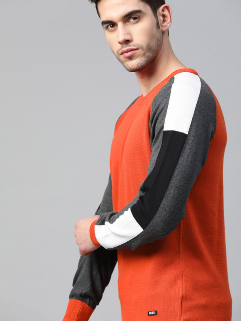 

WROGN Men Rust Orange & Charcoal Grey Pure Cotton Solid Pullover Sweater