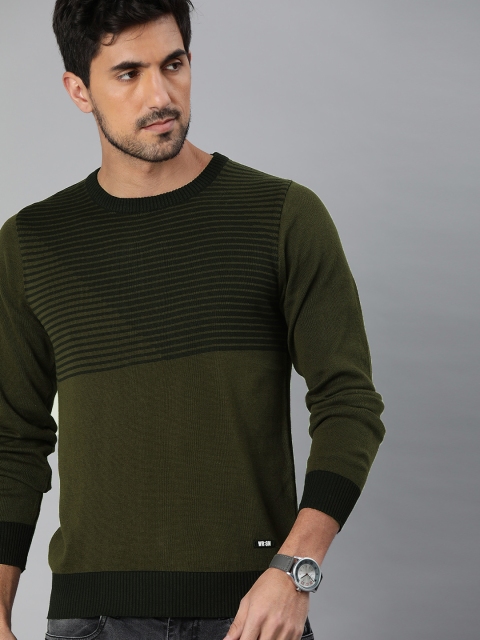 

WROGN Men Olive Green & Black Striped Slim Fit Pullover Sweater