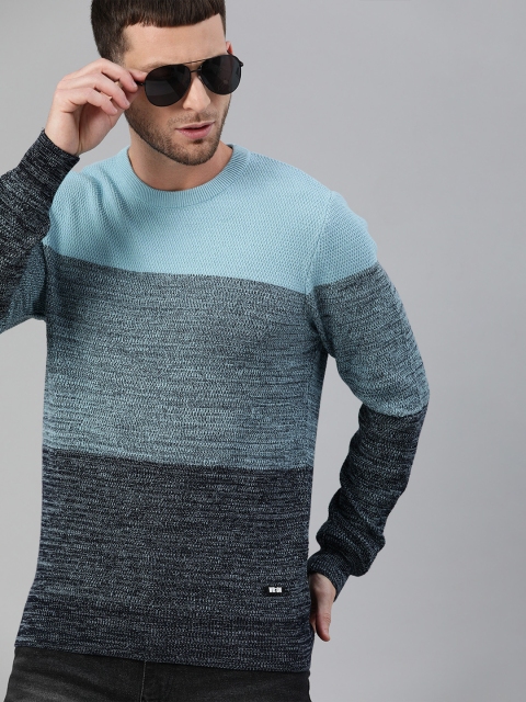 

WROGN Men Blue Colourblocked Pure Cotton Pullover Sweater