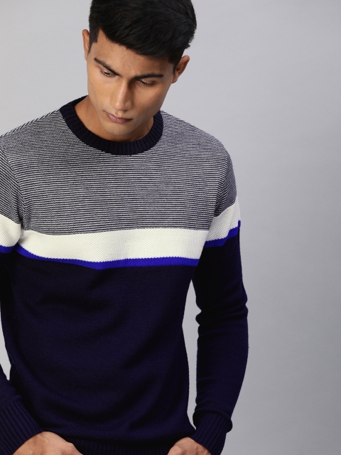 

WROGN Men Navy Blue & White Striped Pullover Sweater