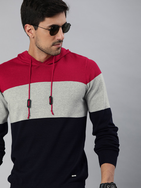

WROGN Men Red & Grey Slim Fit Colourblocked Hooded Pullover Sweater