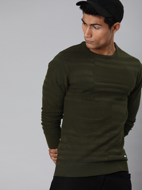 

WROGN Men Olive Green Ribbed Acrylic Pullover Sweater