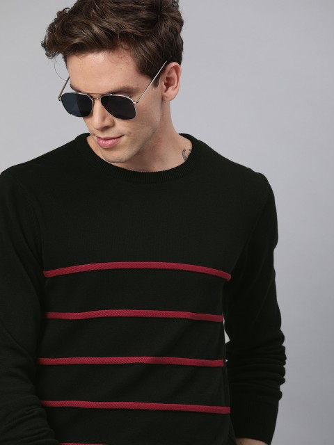 

WROGN Men Black Striped Pullover Sweater