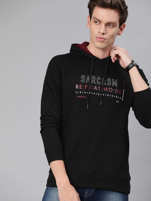 

WROGN Men Black Printed Hooded Pullover Sweatshirt