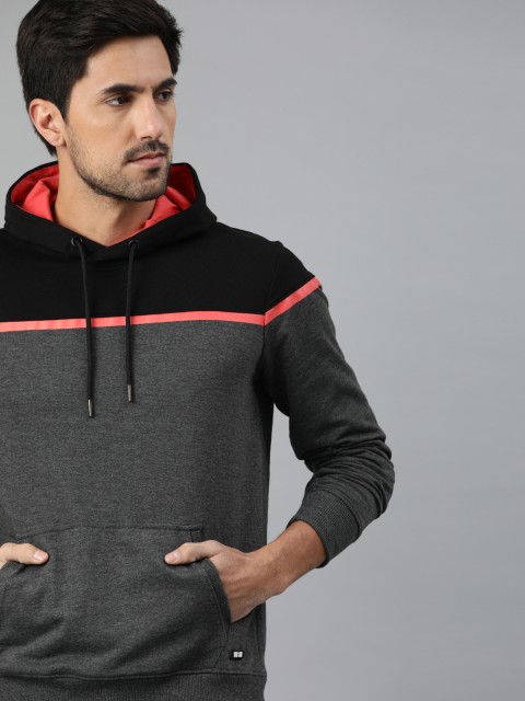 

WROGN Men Charcoal Grey & Black Slim Fit Colourblocked Hooded Sweatshirt