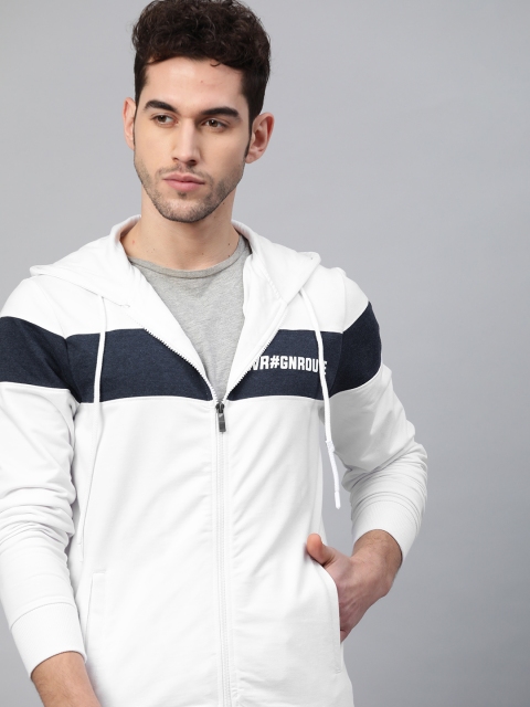 

WROGN Men White & Navy Blue Solid Hooded Sweatshirt