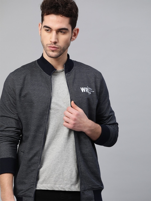 

WROGN Men Navy Blue & White Striped Sweatshirt