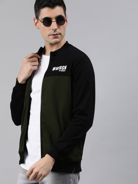 Men Black & Olive Green Colourblocked Slim Fit Sweatshirt