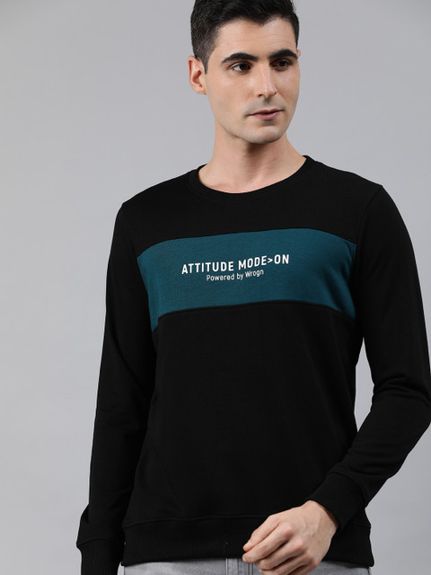 

WROGN Men Black & Blue Printed Slim Fit Pullover Sweatshirt